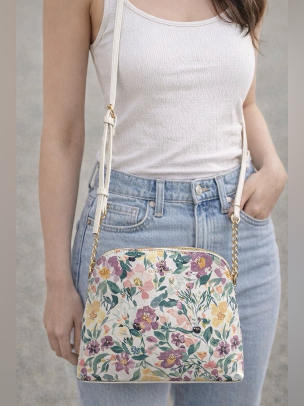 Nanette Lepore Floral Dellia Crossbody Bag White Faux Leather Gold Accents Purse